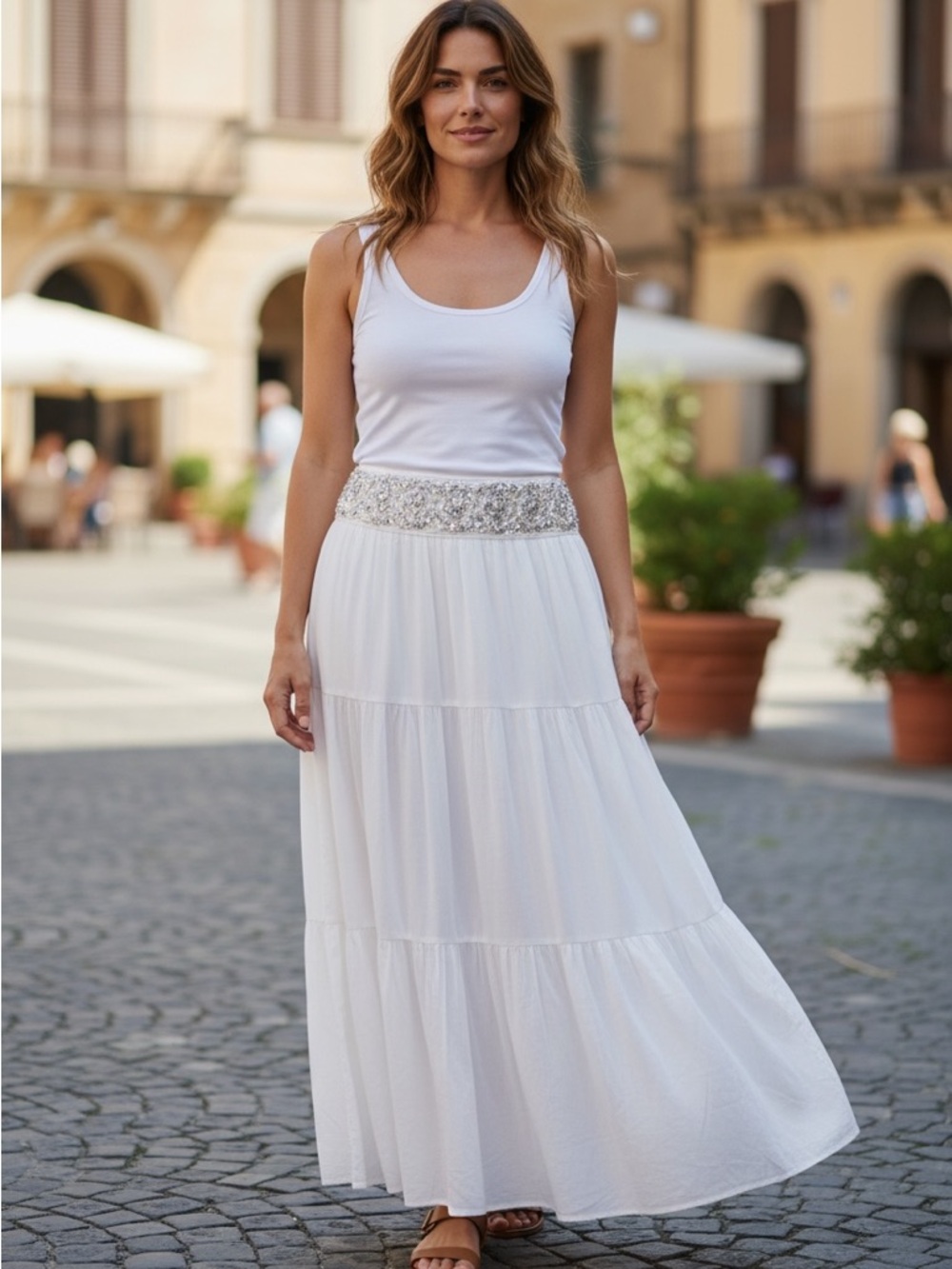 BCBGMaxAzria White Tiered Maxi Skirt with Beaded Waistband